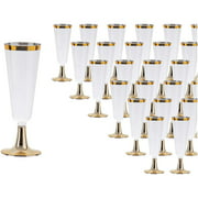 Angle View: Gold Rimmed Plastic Champagne Flutes - 50-Pack Clear 5-Ounce Disposable Reusable Toasting Glass, Elegant Cups for Wedding, Birthday, Christmas, New Year, Holiday Party Supplies, 6.4 inches Tall
