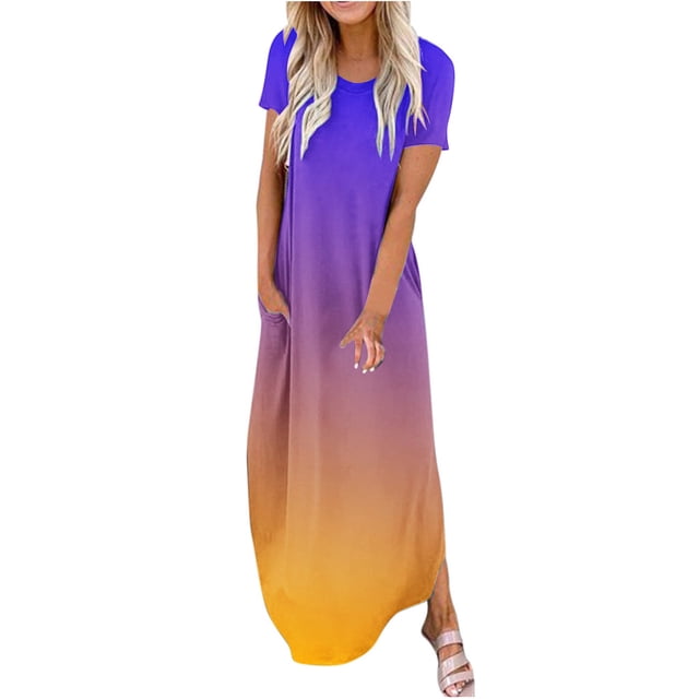 Yuyuzo Robes Femmes 2025 Printemps Été Manches Courtes Décontractées Fluides Robe Maxi Ample Tendance Plage Longue avec Poches