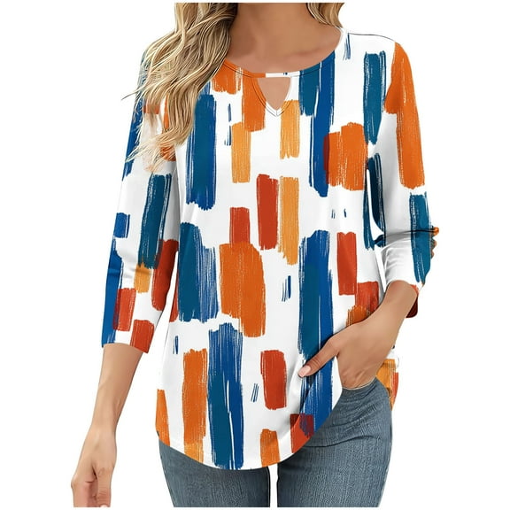 Womens Color Block Pattern Tunic Blouses Round Neck T-Shirt 3/4 Sleeve Shirts Classic Fit Tunic Tops Dressy Causal Tee Shirts Going Out Beach Clothes Trendy 2025 Summer