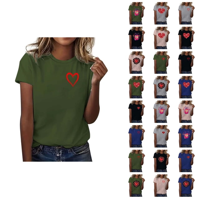 T-shirts de la Saint-Valentin pour Femmes 2026 à Manches Courtes Col Rond avec Cœur Graphique