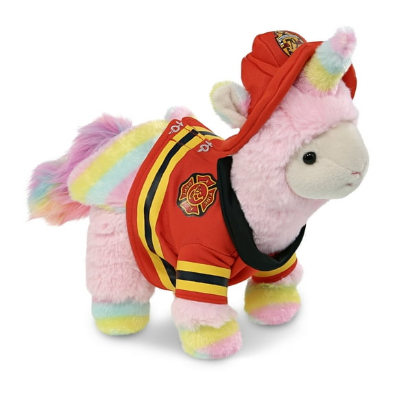 DolliBu Llamacorn Firefighter Stuffed Animal - Pink Flying Llamacorn Fireman Toy with Red Fireman Costume Outfit and Fireman Hat, Cute Stuffed Animal Fire Fighter Doll Plush Toy for Kids - 11 Inch