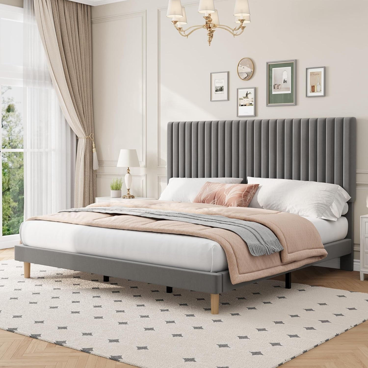 King Bed Frame with Adjustable Headboard, Velvet Upholstered Platform King Size Bed Frame, Vertical Channel Tufted, Strong Wooden Slats, No Box Spring Needed, Easy Assembly, Grey