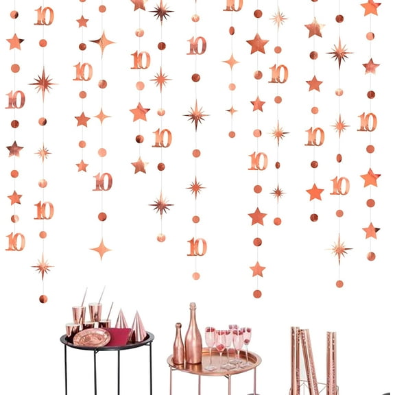 Cheerland Rose Gold 10th Birthday Decorations Number 10 Circle Dot Twinkle Star Garland Metallic Hanging Streamer Bunting Banner Backdrop