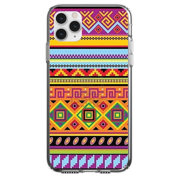 DistinctInk Clear Shockproof Hybrid Case for iPhone 12 / 12 PRO (6.1" Screen) - TPU Bumper, Acrylic Back, Tempered Glass Screen Protector - Blue Orange Purple Tribal Print