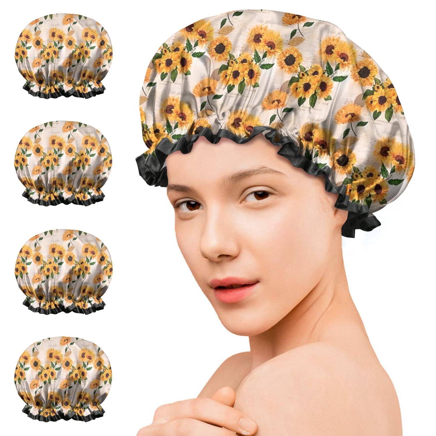 Shower Caps,Beige Sunflower Pattern Waterproof Shower Cap for Women 4 Pieces,Double Reusable Hair Cover for Shower PEVA Elastic Stretch Hem