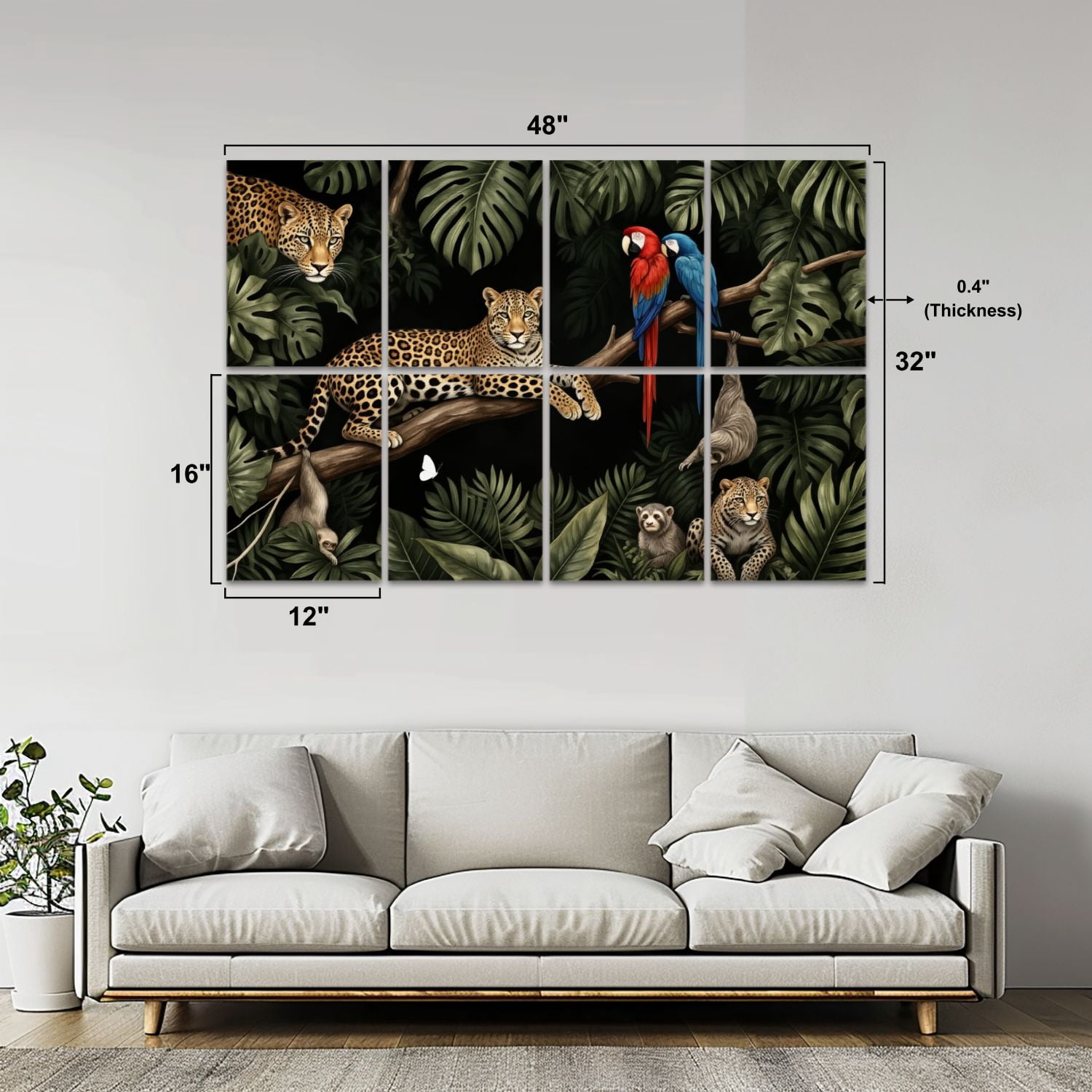 8 Pack Art Acoustic Panels Sound Absorbing Tropical Jungle Leopards Monkeys Parrots Sloths Decorative Soundproof Wall Panels Self Adhesive for Nursery Game Room Bedroom 48"x32"