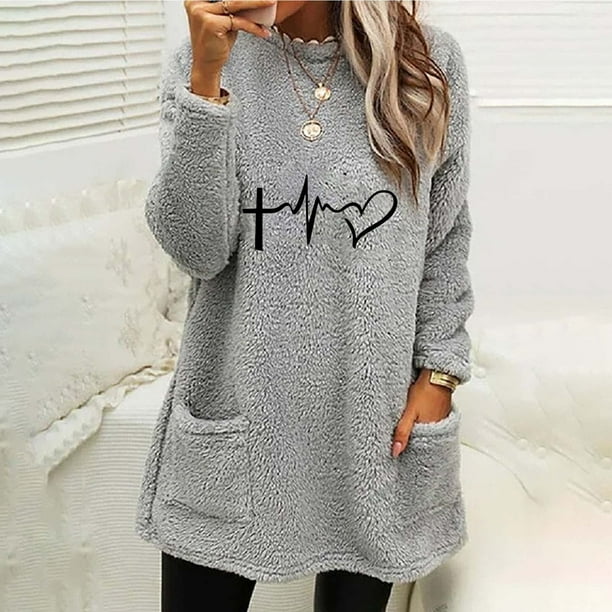 Puntoco Blusa de manga larga cálida con cuello redondo y bolsillo holgado de invierno para mujer Puntoco Puntoco-3410