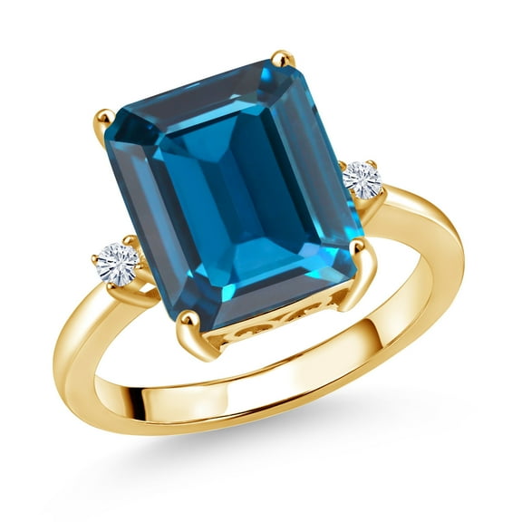 Gem Stone King 18K Yellow Gold Plated Silver 12X10MM London Blue Topaz and 2MM White Moissanite 3 Stone Engagement Ring for Women | 7.58 Cttw | Gemstone November Birthstone | Size 6