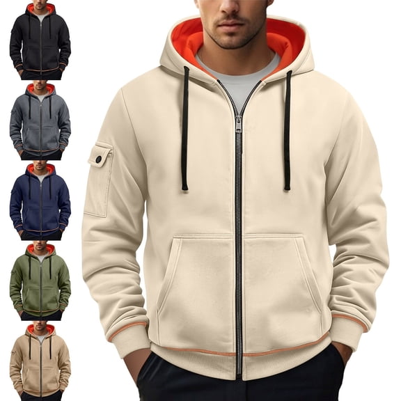Zivyakyron Casual Mens Hoodies Zip up Long Sleeve Fall Kangaroo Pocket Jacket for Men Loose Drawstring Plain Gray 3XL