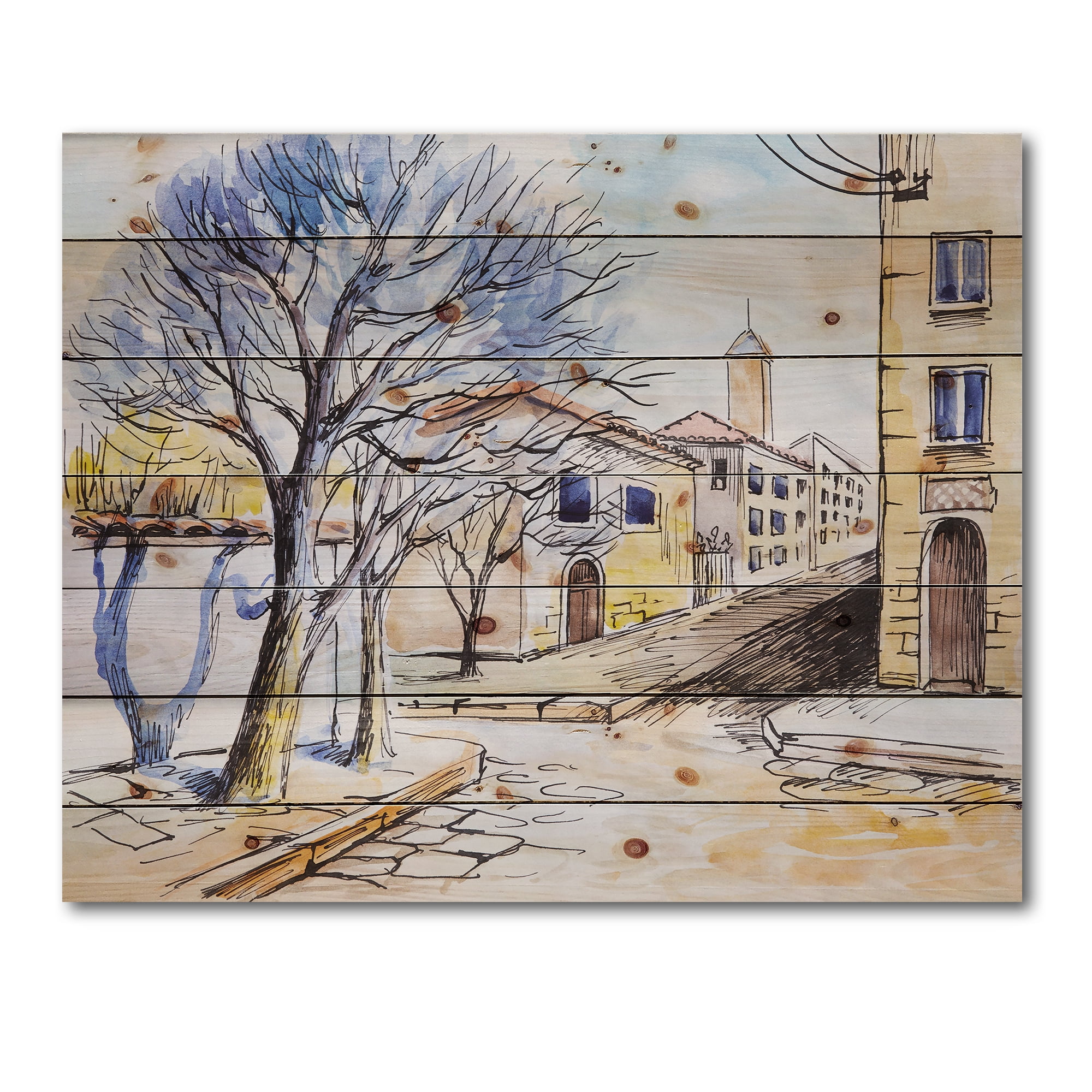 Designart 'Vintage White House In Summer VIllage' Traditional Print on Natural Pine Wood