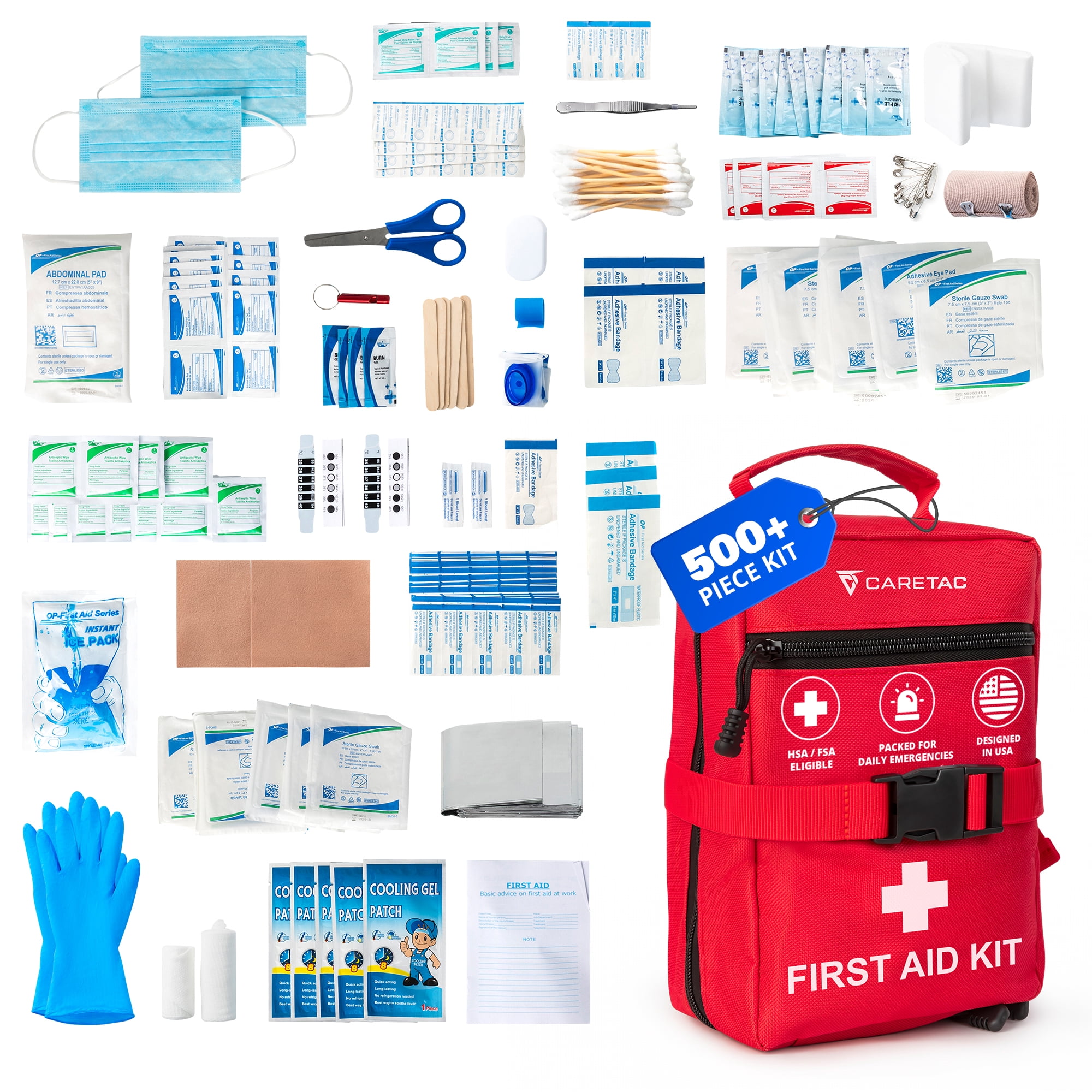 CareTac 500+ Piece Premium Large First Aid Kit, Fully Stocked Emergency Medical Bag