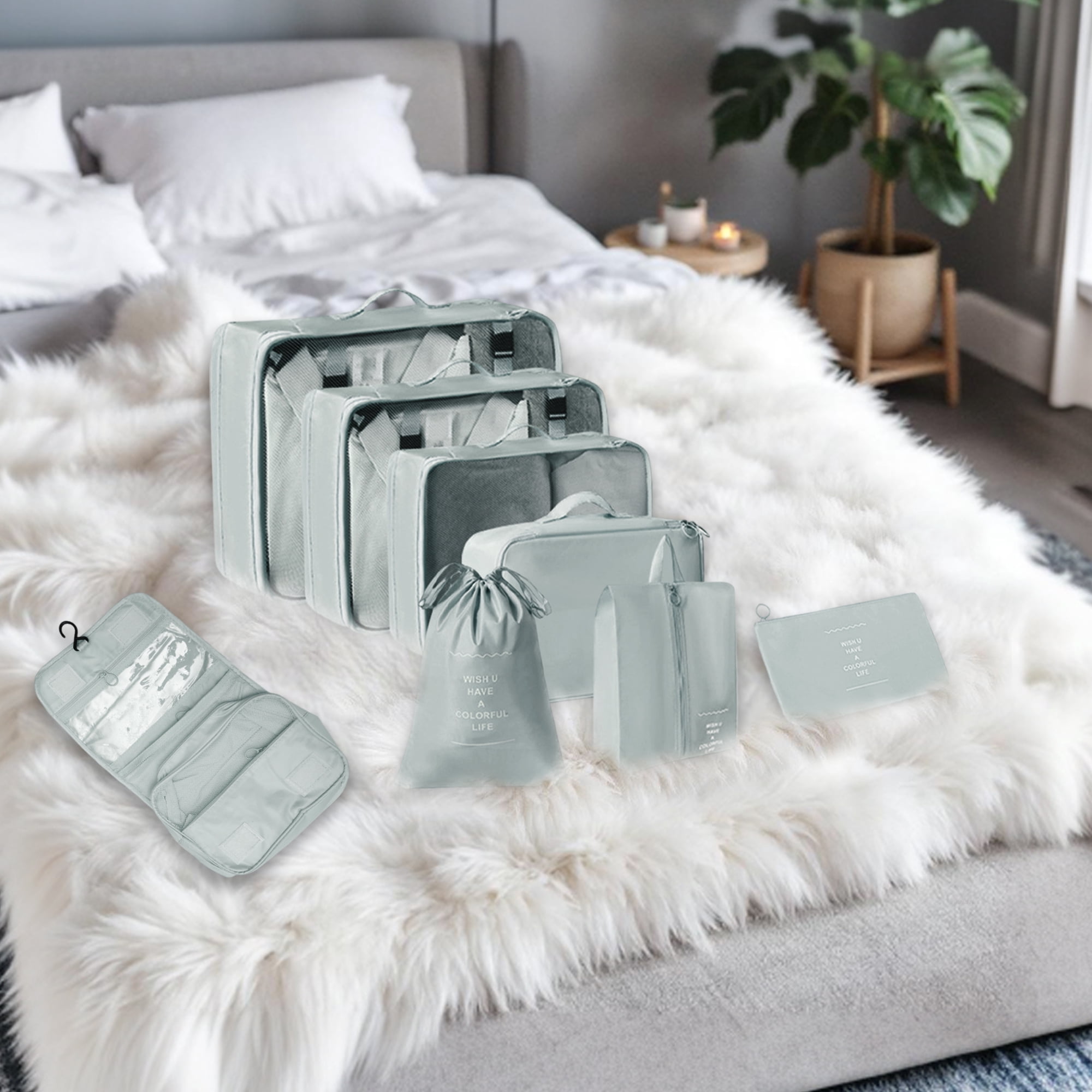 Unique Bargains Portable Packing Cube Set with 8 Different Pieces Gray