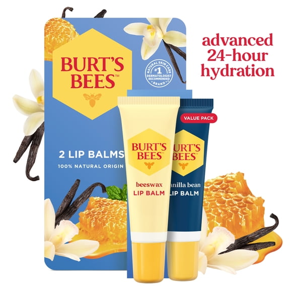 Burt's Bees 24-Hour Hydrating 100% Natural Origin Lip Balm, Peppermint & Vanilla Bean, 2 Pack