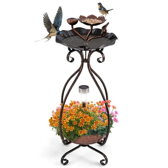 Infans Solar Outdoor Bird Bath & Feeder Combo w/ Flower Planter Pedestal & Solar Lights