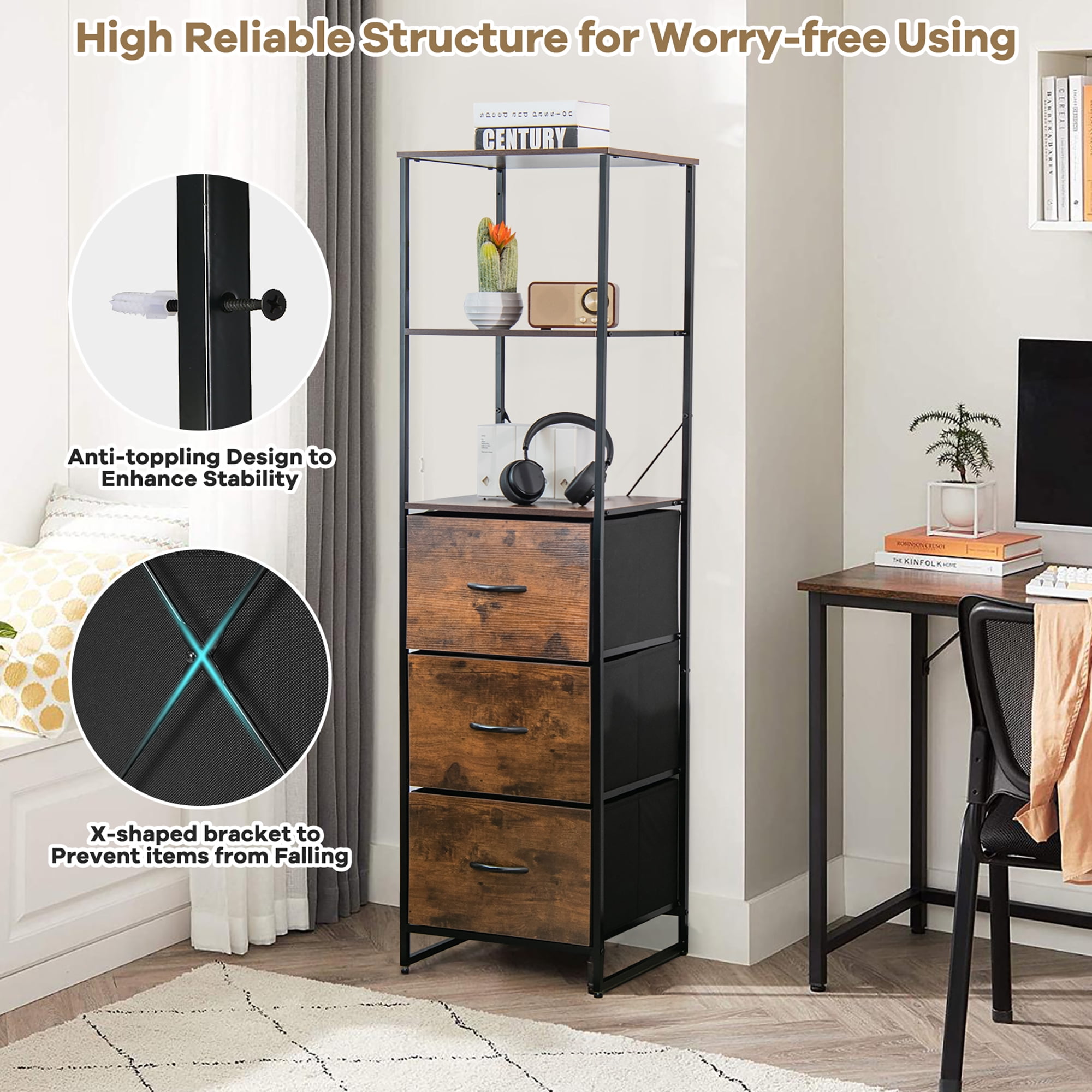 Costway Vertical 3 Drawer Dresser w/ 3 Shelves Tall Storage Tower Chest Freestanding