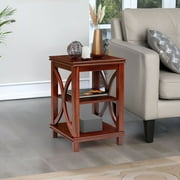 eHemco Solid Wood Square End Table with X-Design, Side Table with Storage Shelves, Cherry