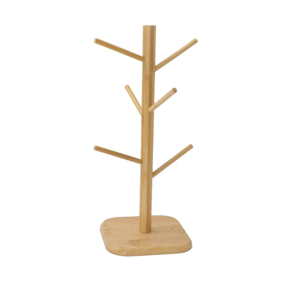 6 Hook Mug Tree Stand Wooden Coffee Cup Holder Kitchen Organizer Storage Rack for Mugs Cups and Utensils Cafe Style Display for Countertop or Wall Mount