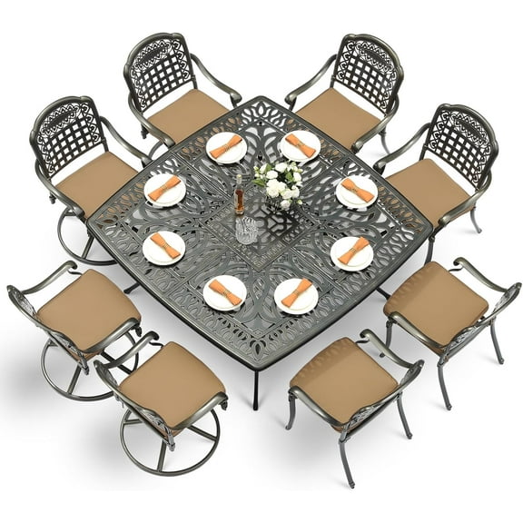 VIVIJASON 9-Piece Outdoor Dining Set, Cast Aluminum Patio Table & Chair Furniture Set for 8, Include Large 64" Square Dining Table, 4 Swivel Rocker Chairs, 4 Stationary Chairs, Umbrella Hole, Khaki