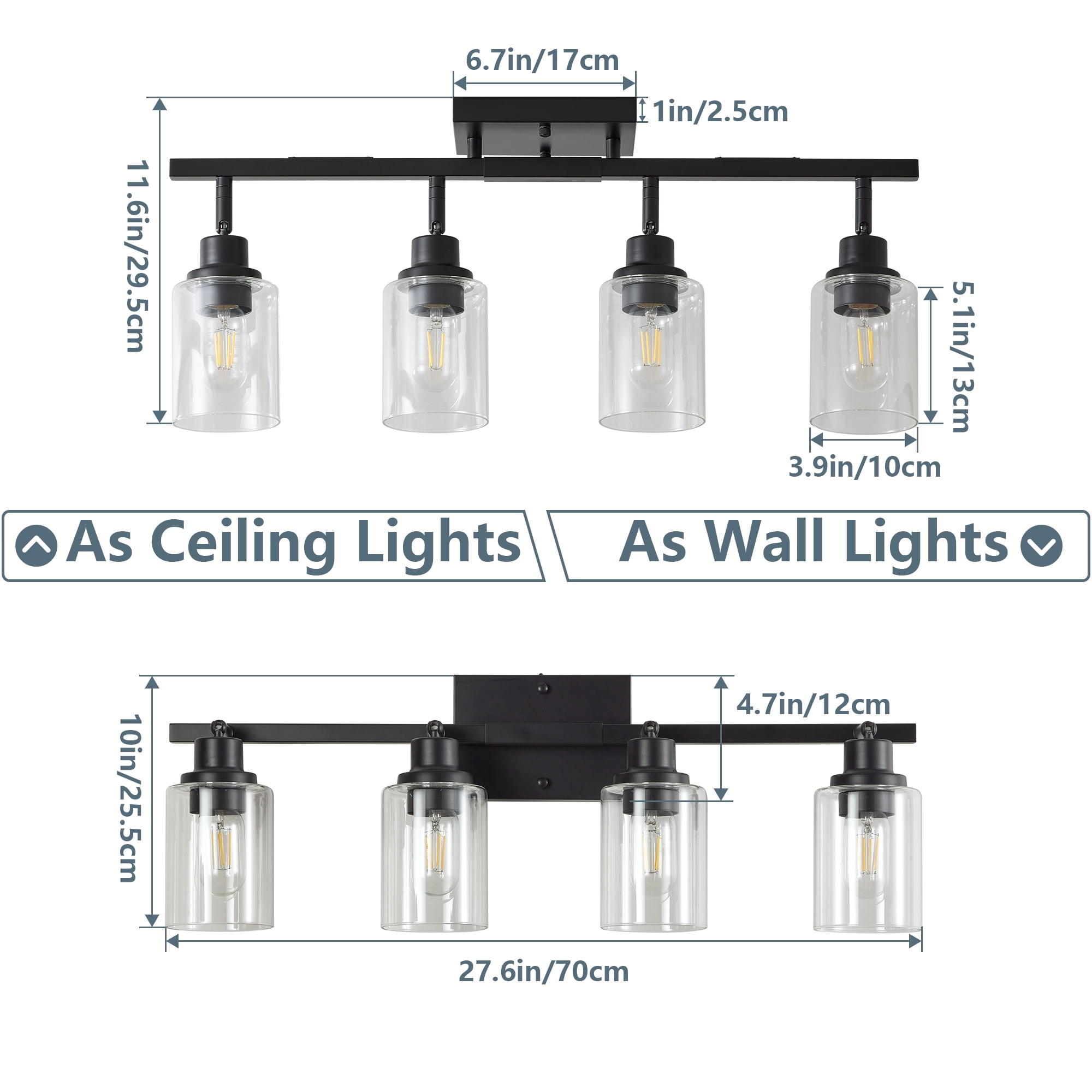 Leumius 4-Light Semi Flush Mount Ceiling Light, Adjustable Kitchen Light Fixtures Ceiling Mount with Clear Glass Shades, Rotatable Black Track Lighting Fixtures for Hallway, Foyer, Bedroom(No Bulbs)