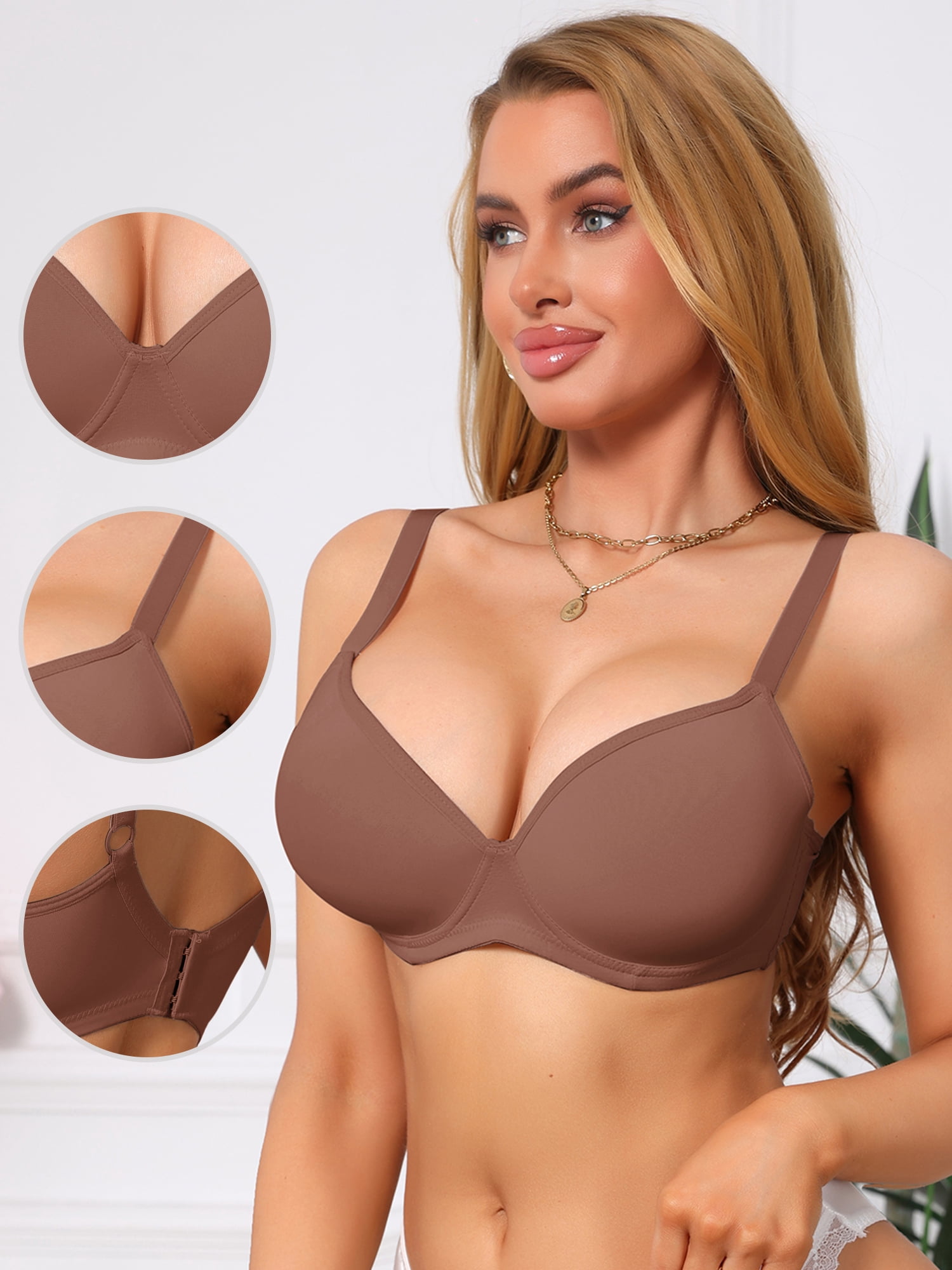 DARING DIVA Women's Smoothing Underwire Bra Plunge Push Up Bralette B 36 Brown