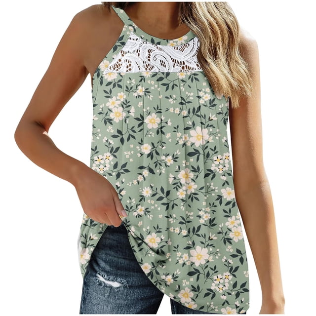 Haut Camisole pour Femmes, Blouse Sans Manches en Dentelle Patchwork, Débardeur Décontracté à Col Rond pour Femmes, Hauts d'Été Légers