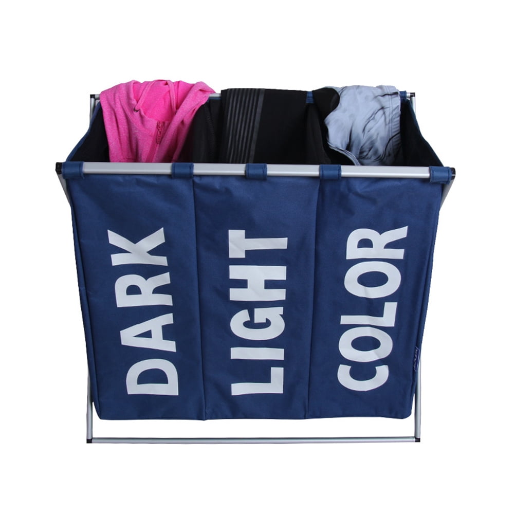 Triple Compartment Laundry Hamper Foldable Laundry Basket Storage Bag Dark Blue Walmart Com Walmart Com