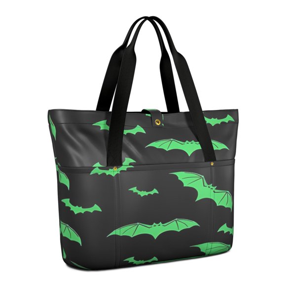Tote Bag for Women - Black Halloween Bats with Green Shoulder Bag - Large Utility Work Duffle Bag with Zipper Handbag for Travel, Work, Sprots