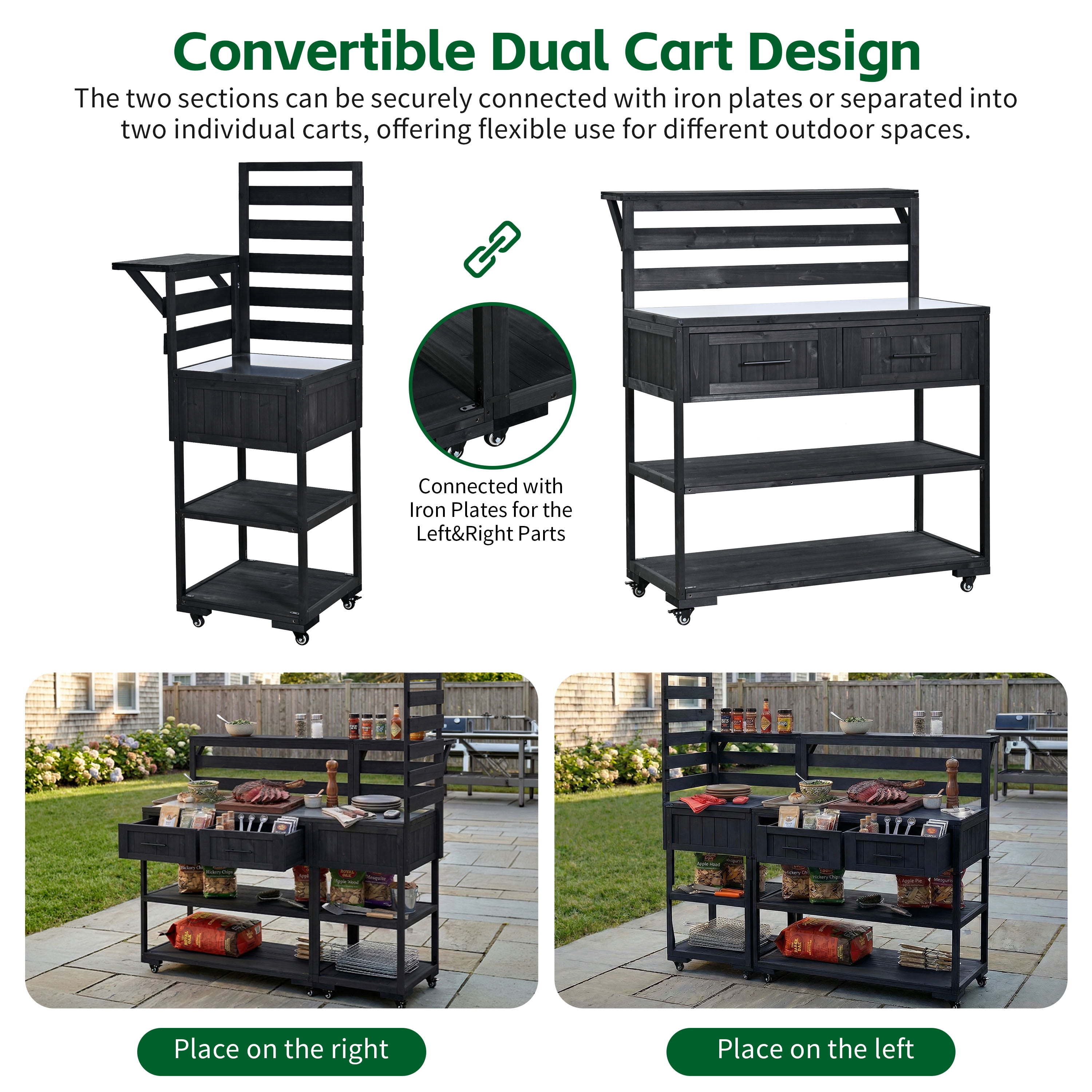 62.3" Outdoor Grill Cart with Stainless Steel Top – Solid Wood Patio Kitchen Cart, Raised Shelf, Drawers, BBQ Prep Table for Backyard, Black
