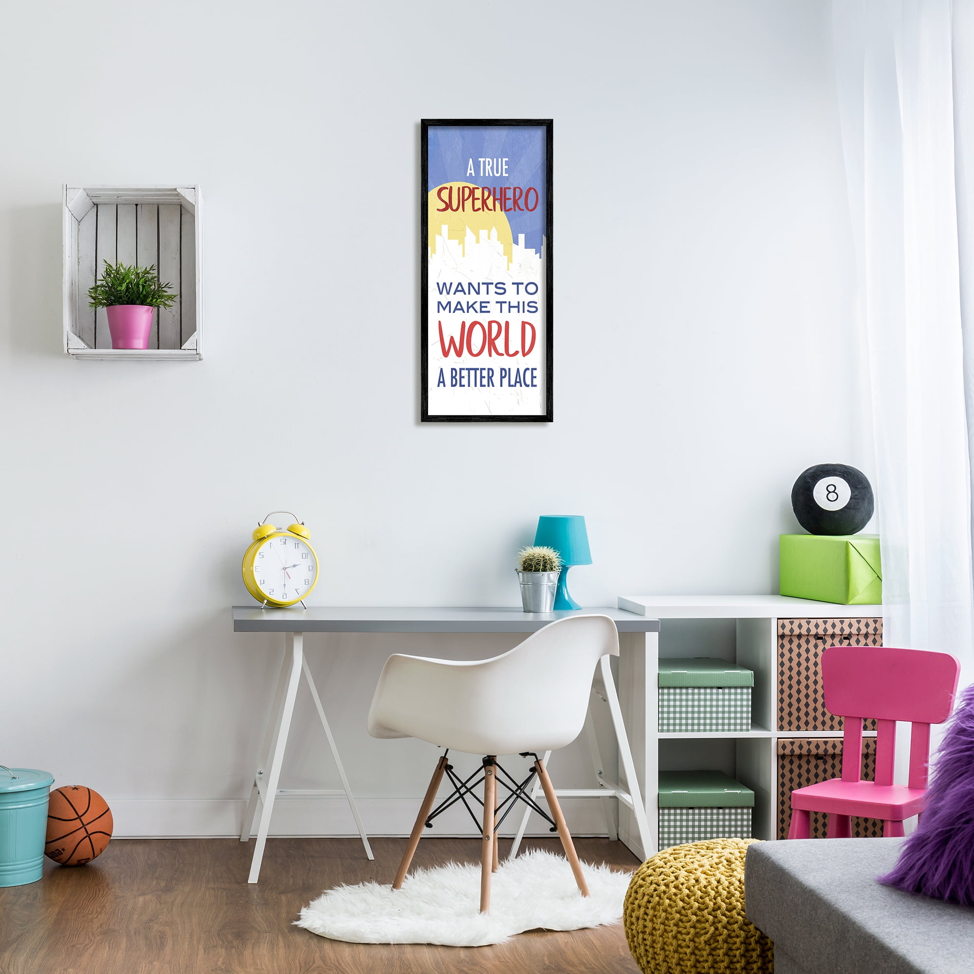 True Hero Wants Better Place Phrase Childrens City 13 in x 30 in Framed Painting Art Prints, by Stupell Home Décor