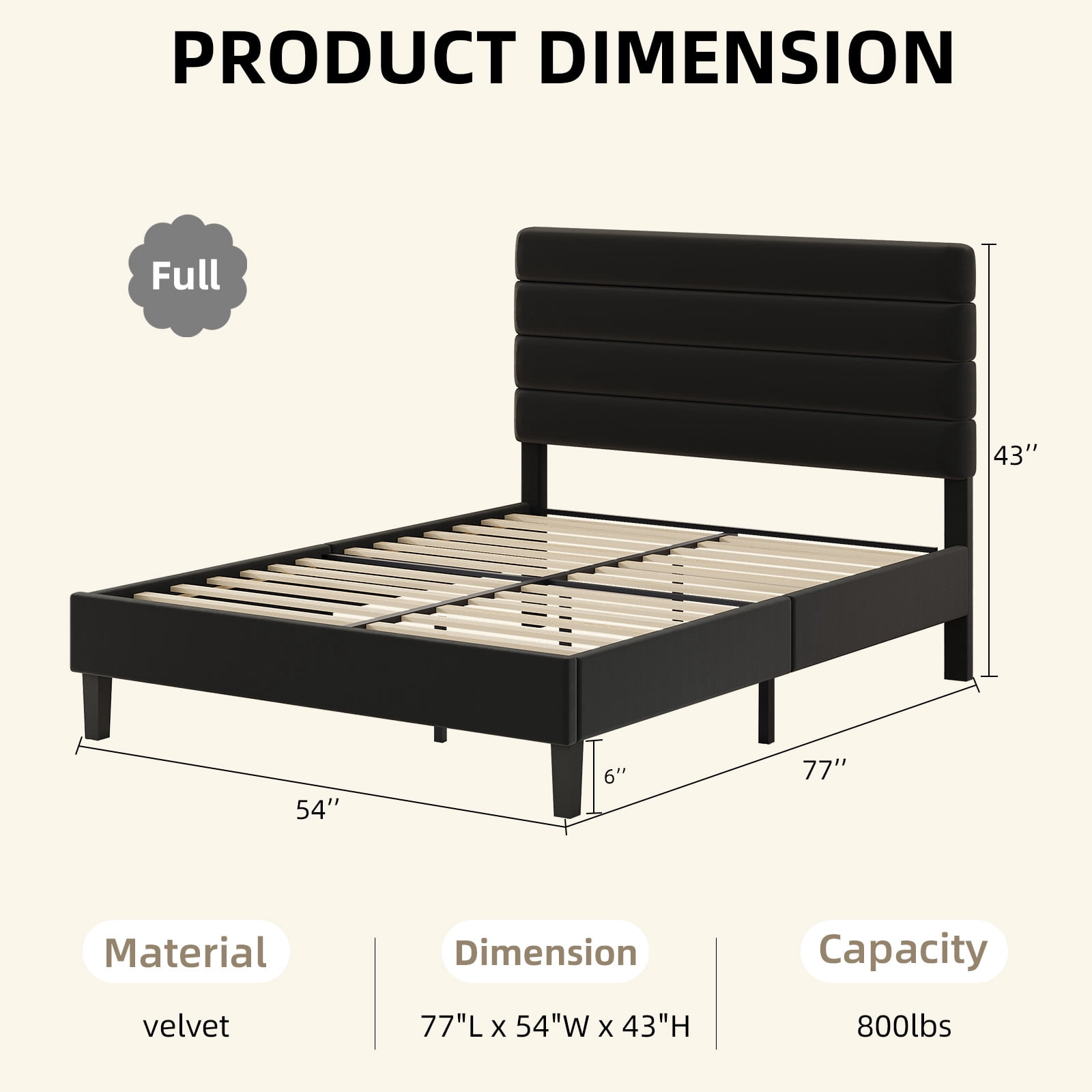 4 EVER WINNER Full Platform Bed Frame, Horizontal Stitched Black Velvet Headboard, Heavy-Duty Slat Support, Noise-Free Mattress Foundation, No Box Spring