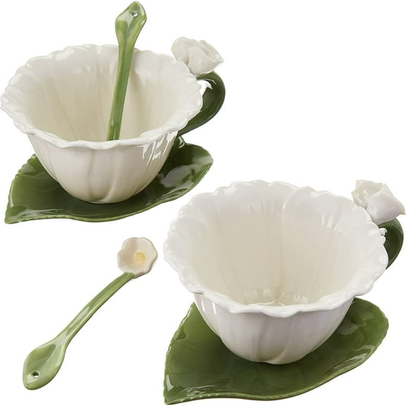 Ceramic White Daisy Flower Tea Cup and Saucer Set 6 Pieces