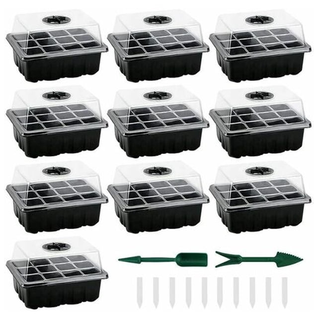 Mini invernadero para plántulas, paquete de 10 mini invernaderos para plantas de 120 celdas, bandeja para plántulas con bandeja y tapa, bandejas para plántulas duraderas para interiores, caja de