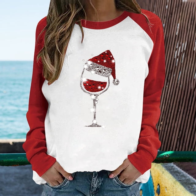 Qertyioot Hauts de Mode pour Femmes, T-Shirt Décontracté à Manches Imprimées de Noël Patchwork de Printemps à Col Rond