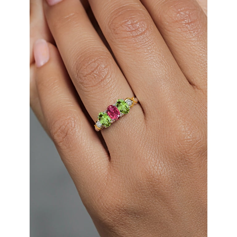 Gem Stone King 925 Silver and 10K Yellow Gold Oval Pink Tourmaline Green  Peridot and White Lab Grown Diamond Women Ring (1.50 Cttw, Gemstone