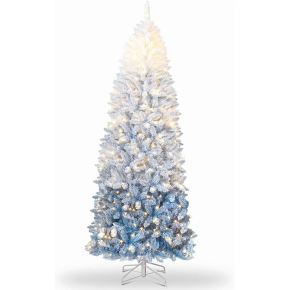 Pre-Lit Pencil Christmas Tree, Gradient Design Slim Christmas Tree with 2 Color Light and Metal Leg, Artificial Holiday Decoration Xmas Decor for Indoor Outdoor