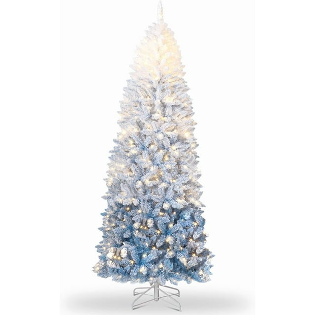 Pre-Lit Pencil Christmas Tree, Gradient Design Slim Christmas Tree with 2 Color Light and Metal Leg, Artificial Holiday Decoration Xmas Decor for Indoor Outdoor