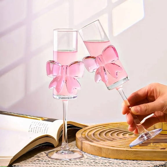 2 Pcs Cute Pink Bow Glass Cups 8oz Coquette Champagne Fashioned Glasses Clear Reinforced Stems and Romantic Pink Bow for Weddings Engagements Party Gifts(Flat Bottom)