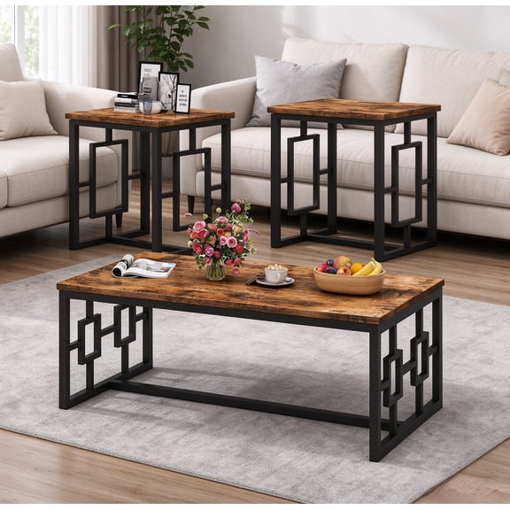 Baxluxe 3 Piece Coffee Table Set with 2 End Tables, Side Table with Farmhouse Industrial , Accent Table Set for Living Room,Small Spaces, Apartment