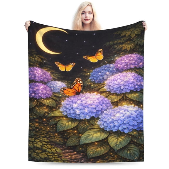 Mothers Day Moonlight Hydrangea Blanket Butterfly Floral Throw Soft Flannel Fleece Cozy Romantic Aesthetic Home Decor Gift for Women Adults 50x40