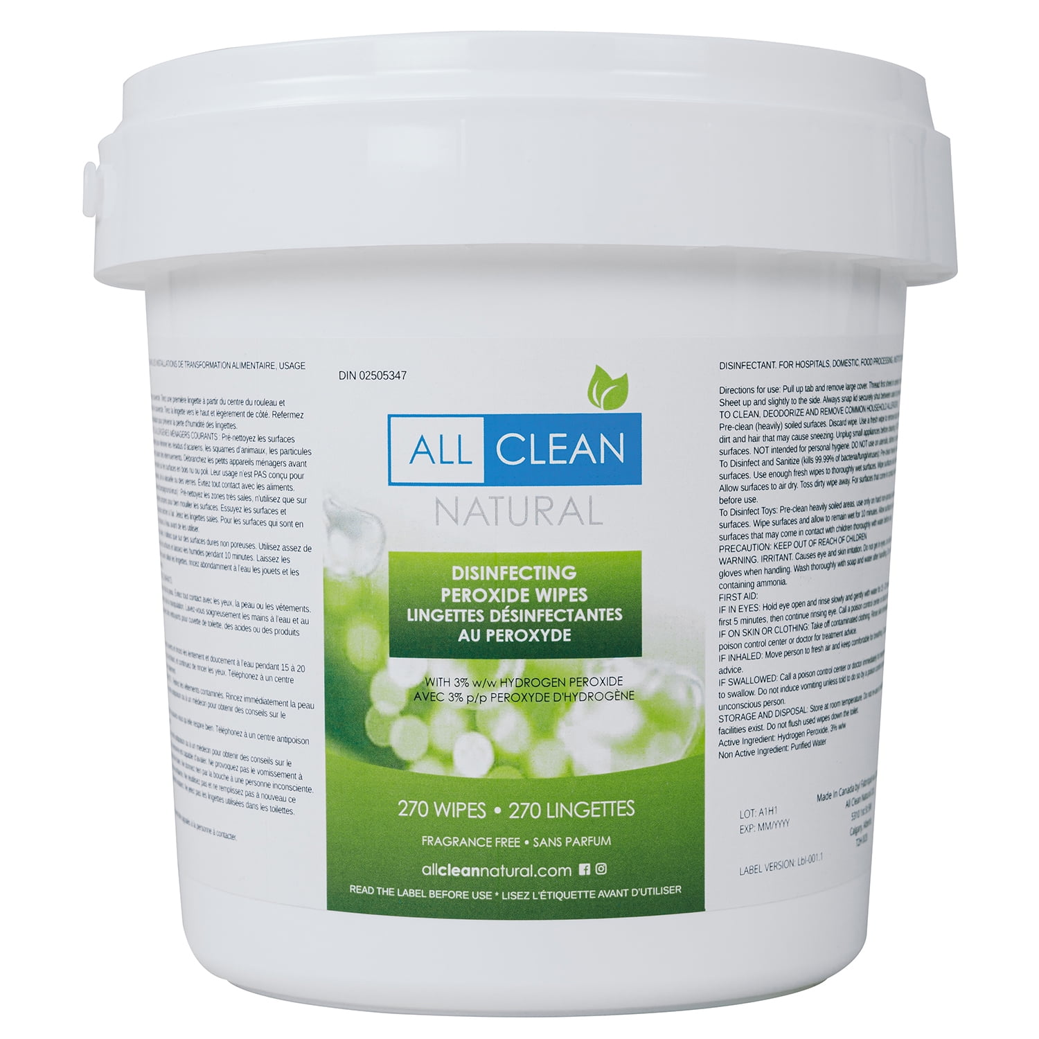 All Clean Natural Disinfecting Peroxide Wipes, FragranceFree, 270/PK