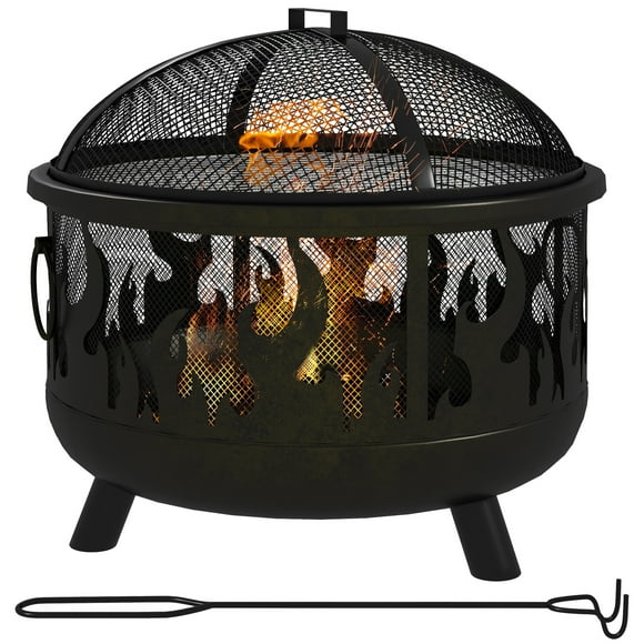 Outsunny 24" Round Outdoor Fire Pit 2-In-1 Firepit Bowl w/ Lid, Grill