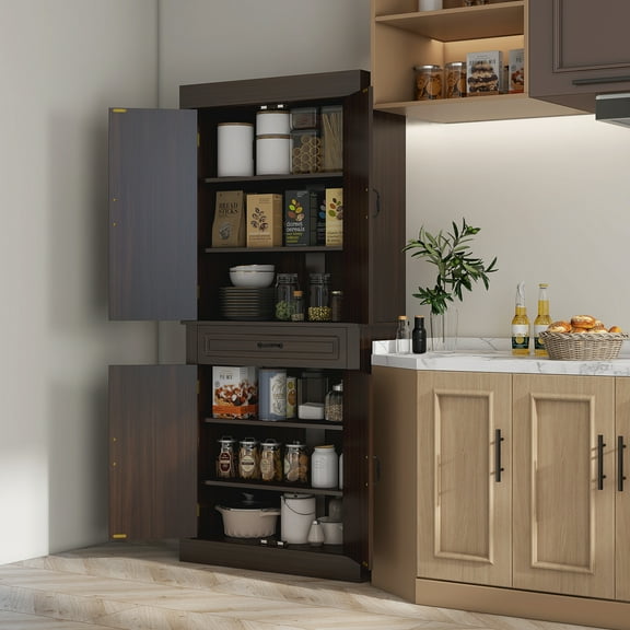 HOMCOM 71" Freestanding Kitchen Pantry with 4 Doors, and 2 Large Cabinets, Tall Storage Cabinet with Wide Drawer for Kitchen Dining Room, Coffee