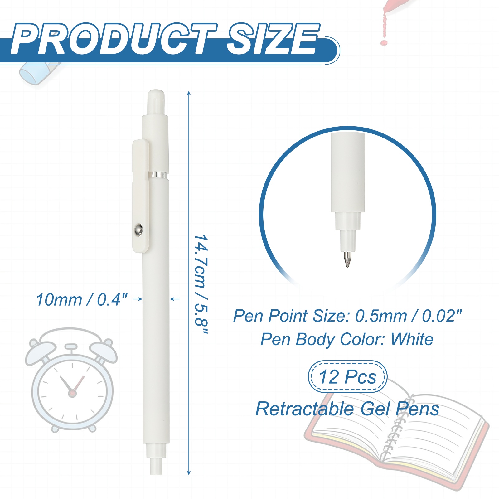 Uxcell 12 Pcs Retractable Gel Pens, 0.5mm Black Ink Fine Point Smooth Writing Cute Aesthetic Pen Quick Dry for Office Home Journaling Note Taking Supplies, White