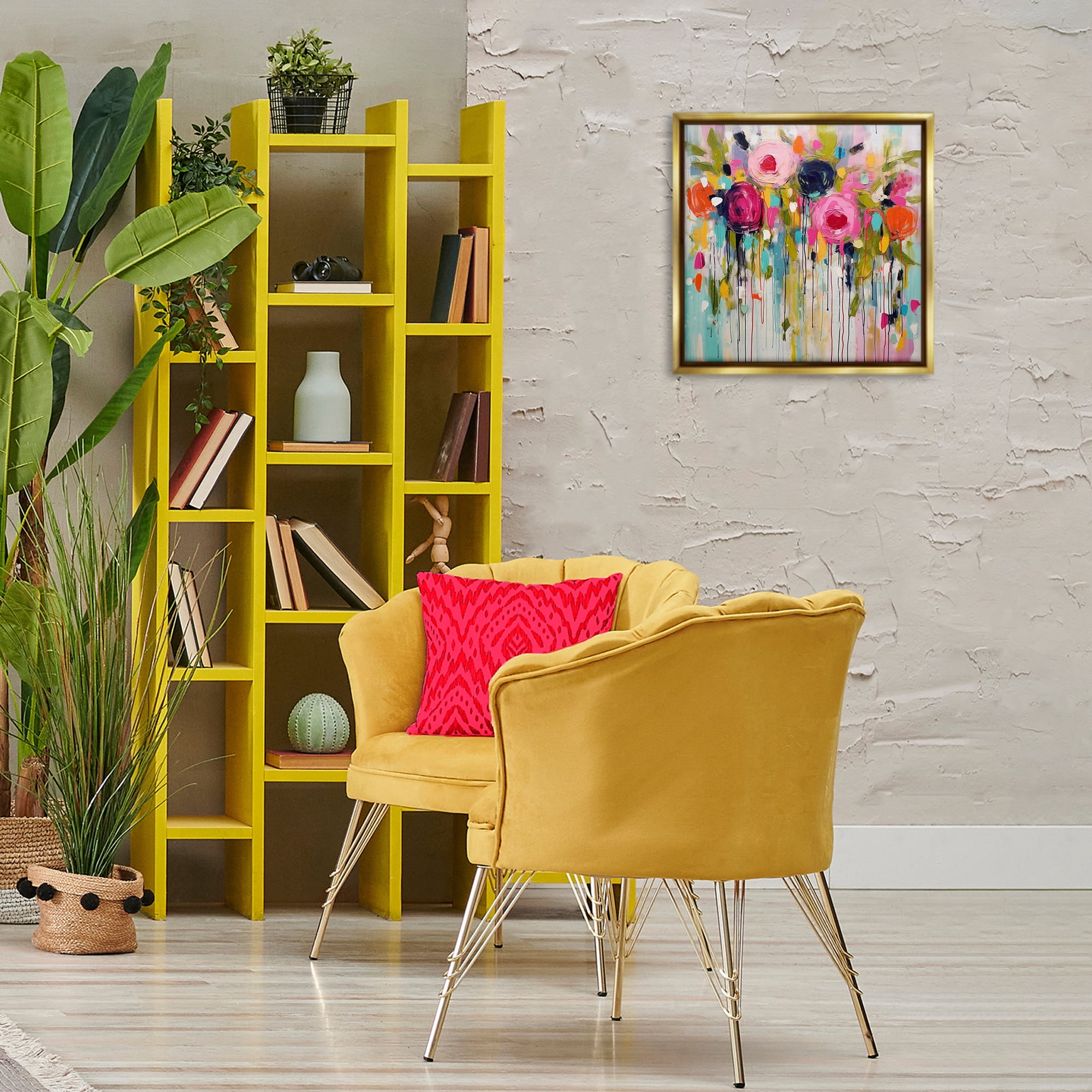 Stupell Industries Paint Drip Roses Plants & Flowers Painting Gold Floater Framed Canvas Art Print Wall Art, 18 x 18