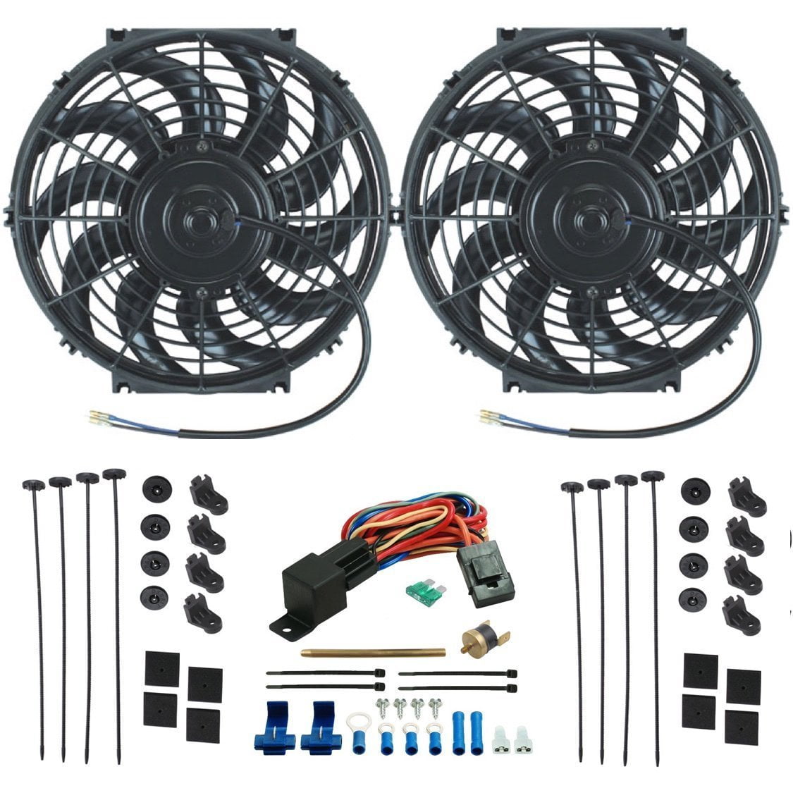DUAL 12" INCH ELECTRIC RADIATOR FANS FIN PROBE THERMOSTAT SWITCH KIT