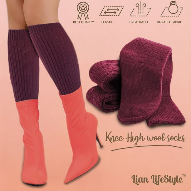 Lian LifeStyle Non Slip, Exceptional, Cozy and Cool Big Girl's Women's 1  Pair Knee High Wool Crew Socks JH05 One Size (Claret) 