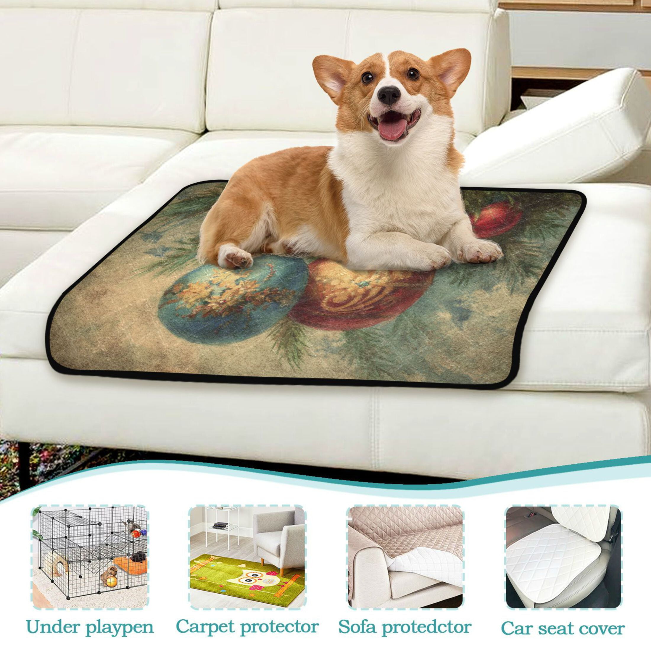 Qxltty Vintage Christmas Ball Cat litter Pads Pet Set of 2 Diaper Mats Center Anti-leakage Layer Absorbent Soft and Comfortable