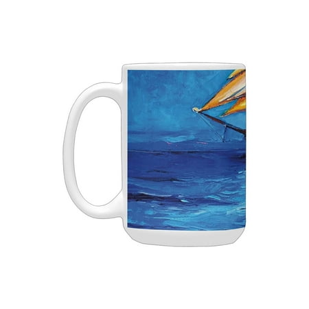 

Nautical Oil Painting Style Sailing Ship on Horizon Impressionist Art Image Print Navy Blue and Blue Ceramic Mug (15 OZ) (Made In USA)