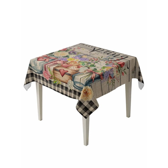 Spring Flowers Table Cloth, Waterproof Tablecloth for Square Tables, Farmhouse Vintage Black Plaid Wood Grain Reusable Washable Fabric Table Cover for Restaurant Kitchen Dining Tables 54"x54"