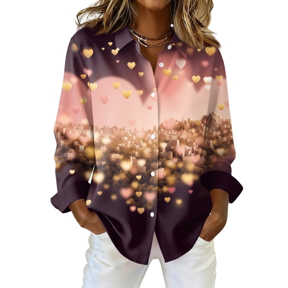 Fgvctg Womens Valentine's Day Shirts Long Sleeve V Neck Button Down Blouse Soft Date Day Love Heart Print Shirts Oversized Collared Business Casual Tops Black 3XL